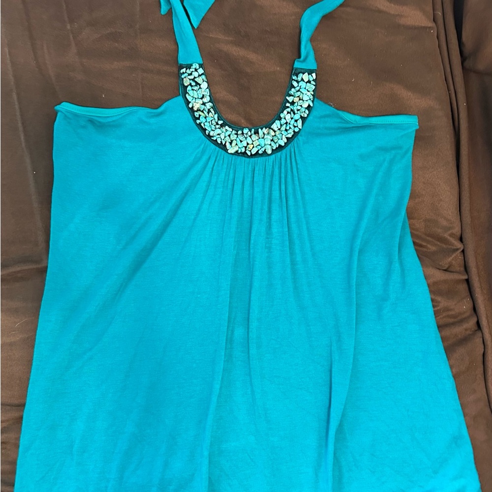 Turquoise Halter Tank Top with Beaded Neckline